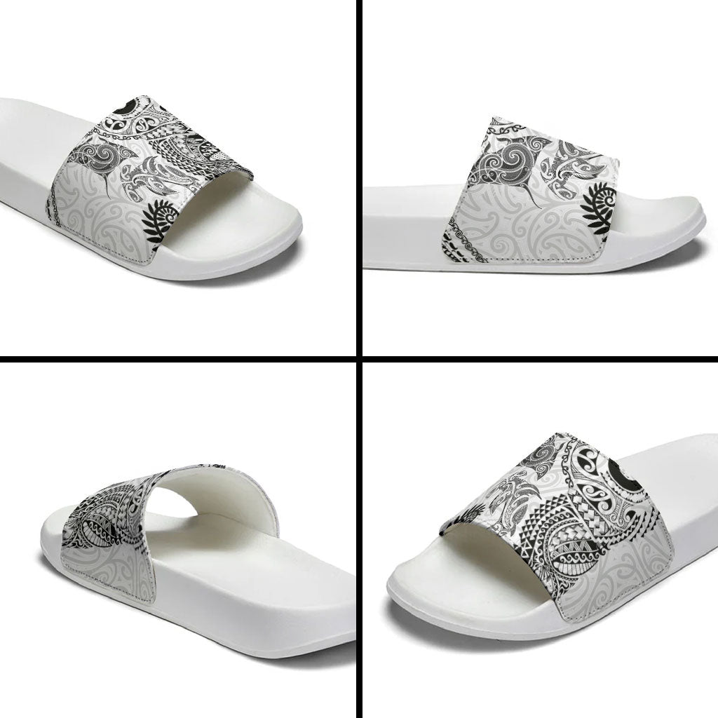 Aotearoa Maori Sea Animals Tribal Slide Sandals Manta Ray and Shark Moko Pattern White Color