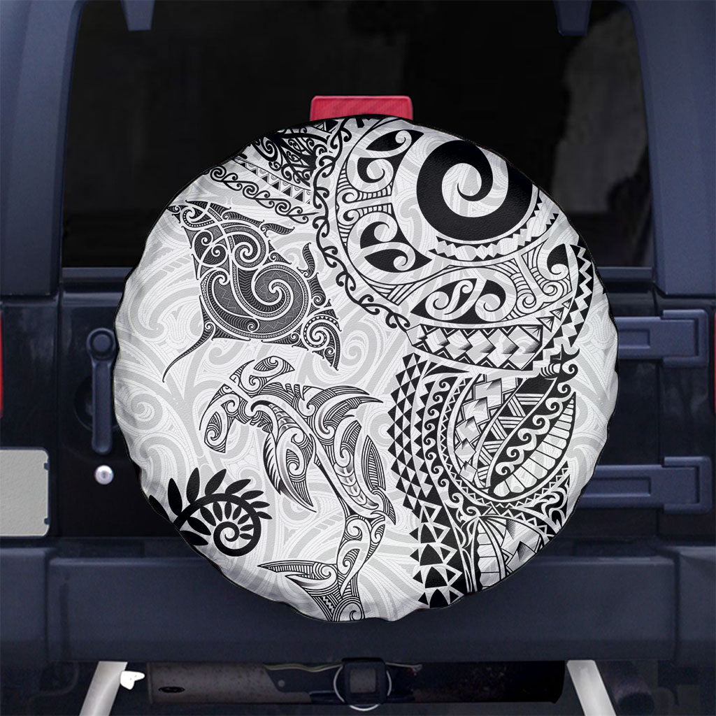 Aotearoa Maori Sea Animals Tribal Spare Tire Cover Manta Ray and Shark Moko Pattern White Color LT03 No hole White - Polynesian Pride