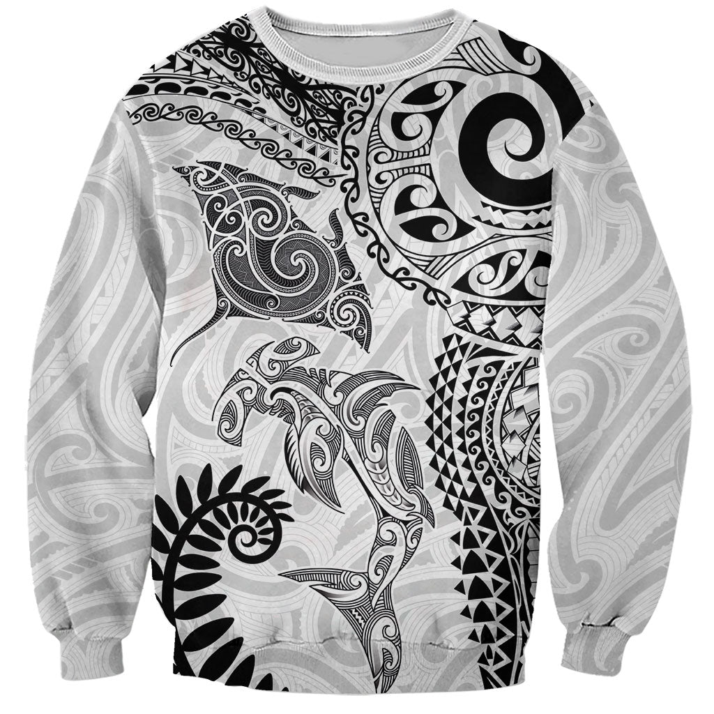 Aotearoa Maori Sea Animals Tribal Sweatshirt Manta Ray and Shark Moko Pattern White Color LT03 Unisex White - Polynesian Pride