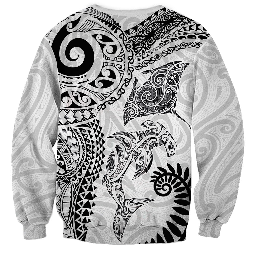 Aotearoa Maori Sea Animals Tribal Sweatshirt Manta Ray and Shark Moko Pattern White Color LT03 - Polynesian Pride