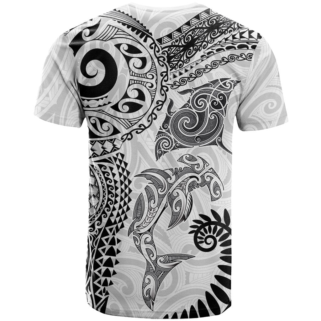 Aotearoa Maori Sea Animals Tribal T Shirt Manta Ray and Shark Moko Pattern White Color LT03 - Polynesian Pride