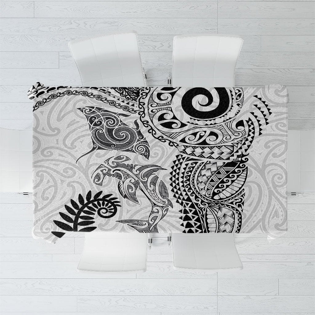 Aotearoa Maori Sea Animals Tribal Tablecloth Manta Ray and Shark Moko Pattern White Color LT03 White - Polynesian Pride