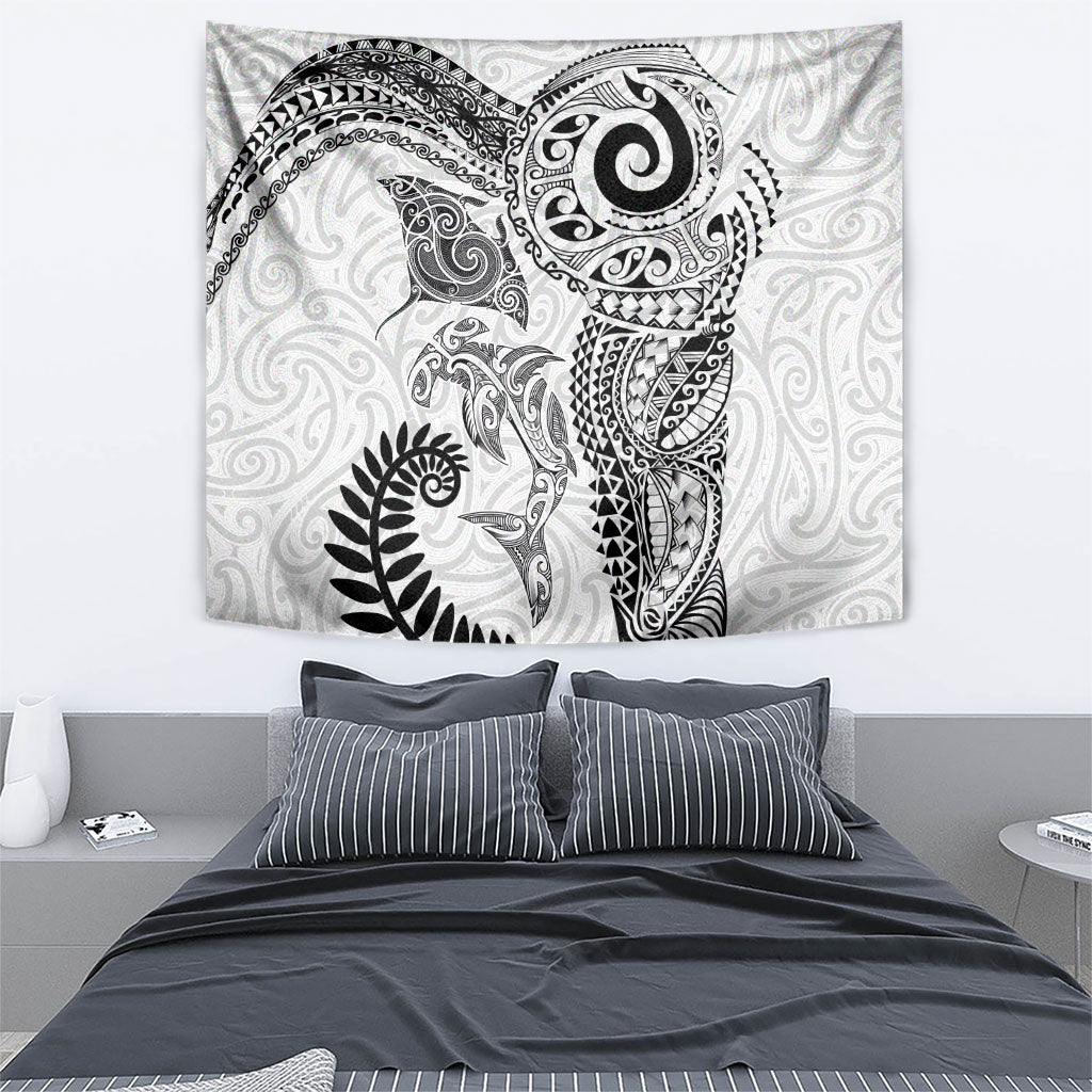 Aotearoa Maori Sea Animals Tribal Tapestry Manta Ray and Shark Moko Pattern White Color