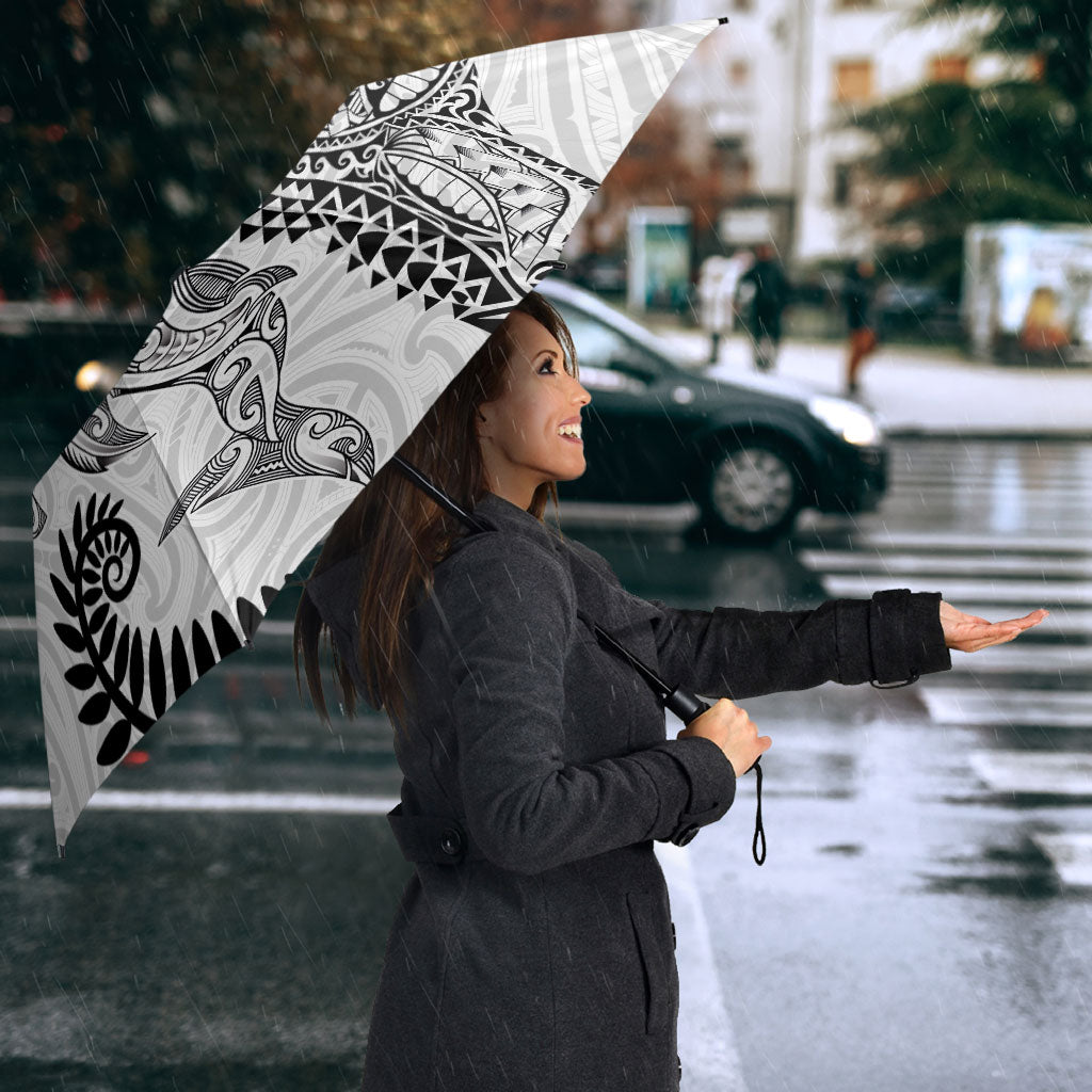 Aotearoa Maori Sea Animals Tribal Umbrella Manta Ray and Shark Moko Pattern White Color