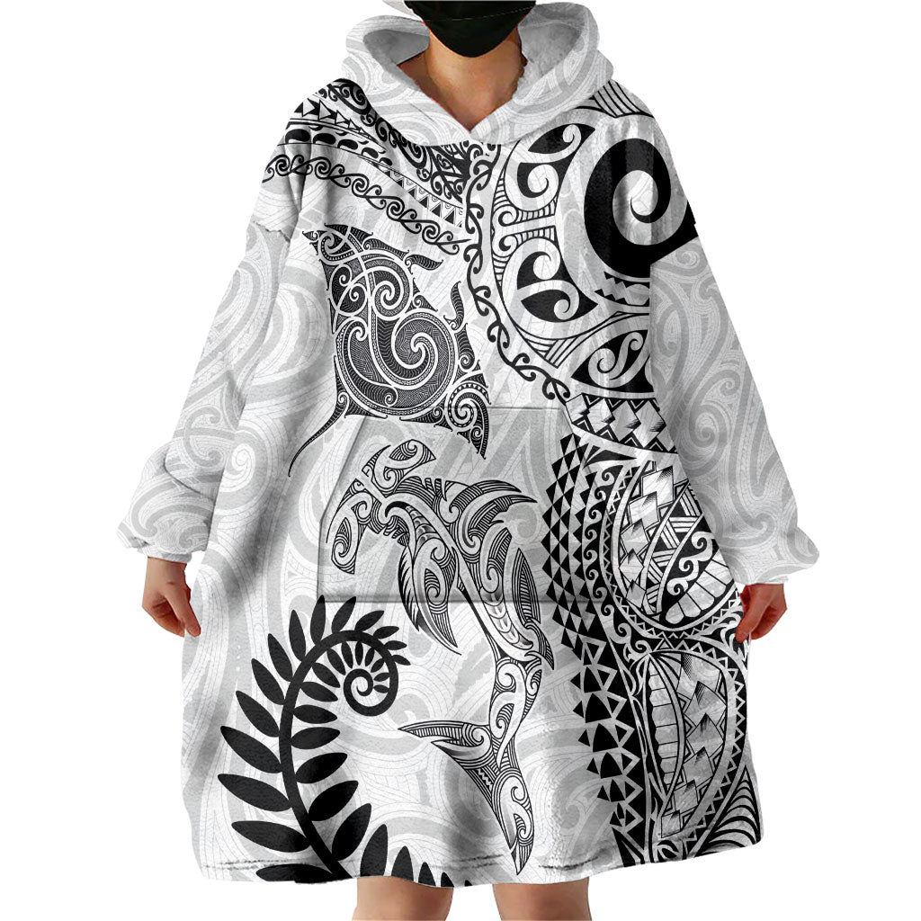 Aotearoa Maori Sea Animals Tribal Wearable Blanket Hoodie Manta Ray and Shark Moko Pattern White Color LT03 - Polynesian Pride