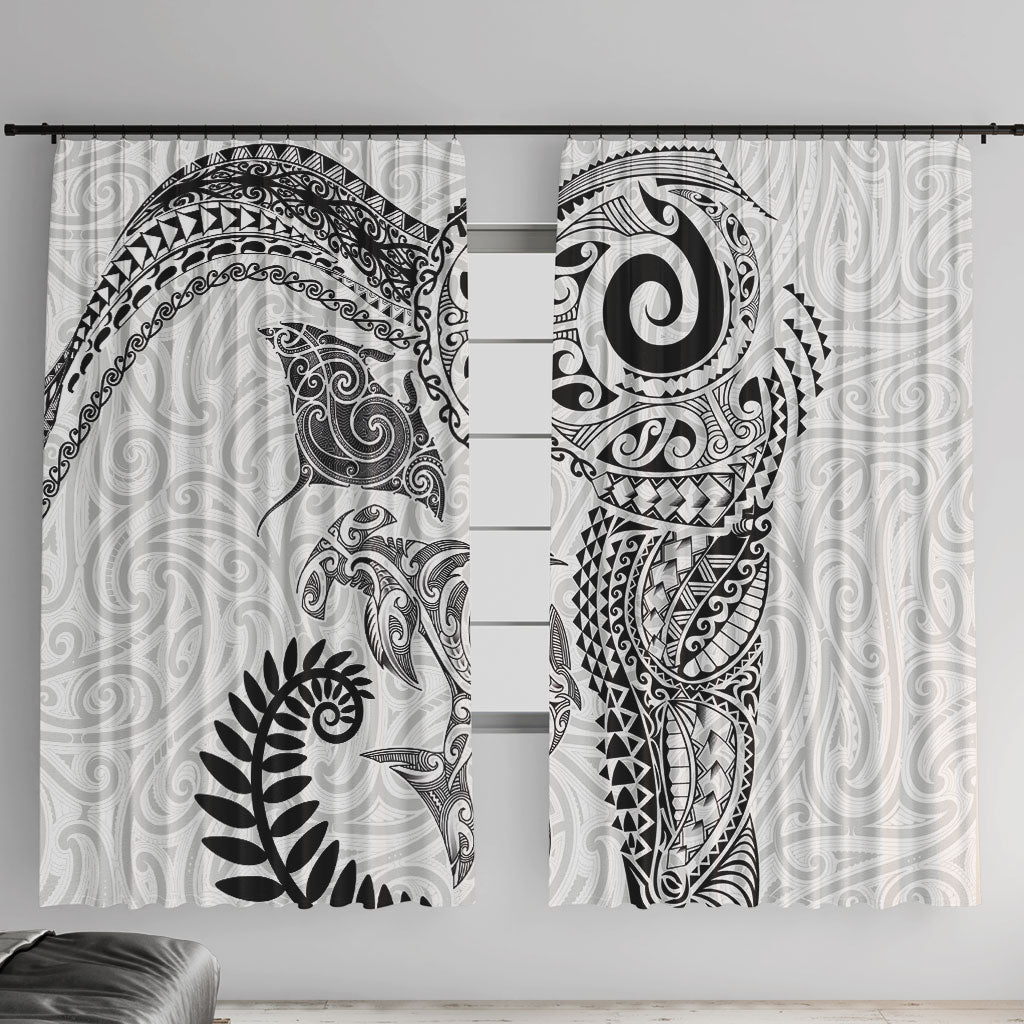 Aotearoa Maori Sea Animals Tribal Window Curtain Manta Ray and Shark Moko Pattern White Color LT03 With Hooks White - Polynesian Pride