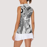 Aotearoa Maori Sea Animals Tribal Women Sleeveless Polo Shirt Manta Ray and Shark Moko Pattern White Color LT03 - Polynesian Pride