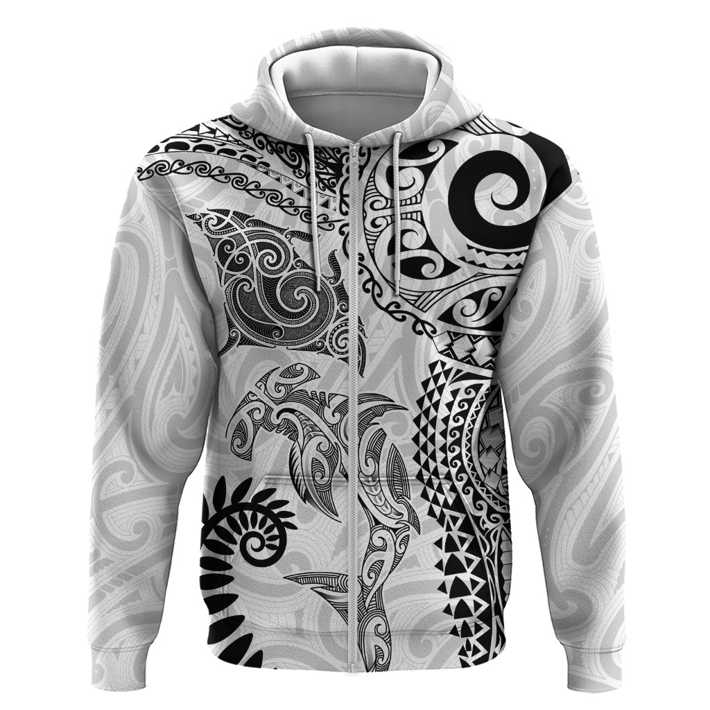 Aotearoa Maori Sea Animals Tribal Zip Hoodie Manta Ray and Shark Moko Pattern White Color LT03 Zip Hoodie White - Polynesian Pride
