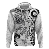 Aotearoa Maori Sea Animals Tribal Zip Hoodie Manta Ray and Shark Moko Pattern White Color LT03 Pullover Hoodie White - Polynesian Pride