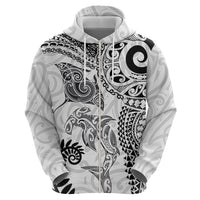 Aotearoa Maori Sea Animals Tribal Zip Hoodie Manta Ray and Shark Moko Pattern White Color LT03 - Polynesian Pride