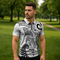 Aotearoa Maori Sea Animals Tribal Zipper Polo Shirt Manta Ray and Shark Moko Pattern White Color LT03 - Polynesian Pride