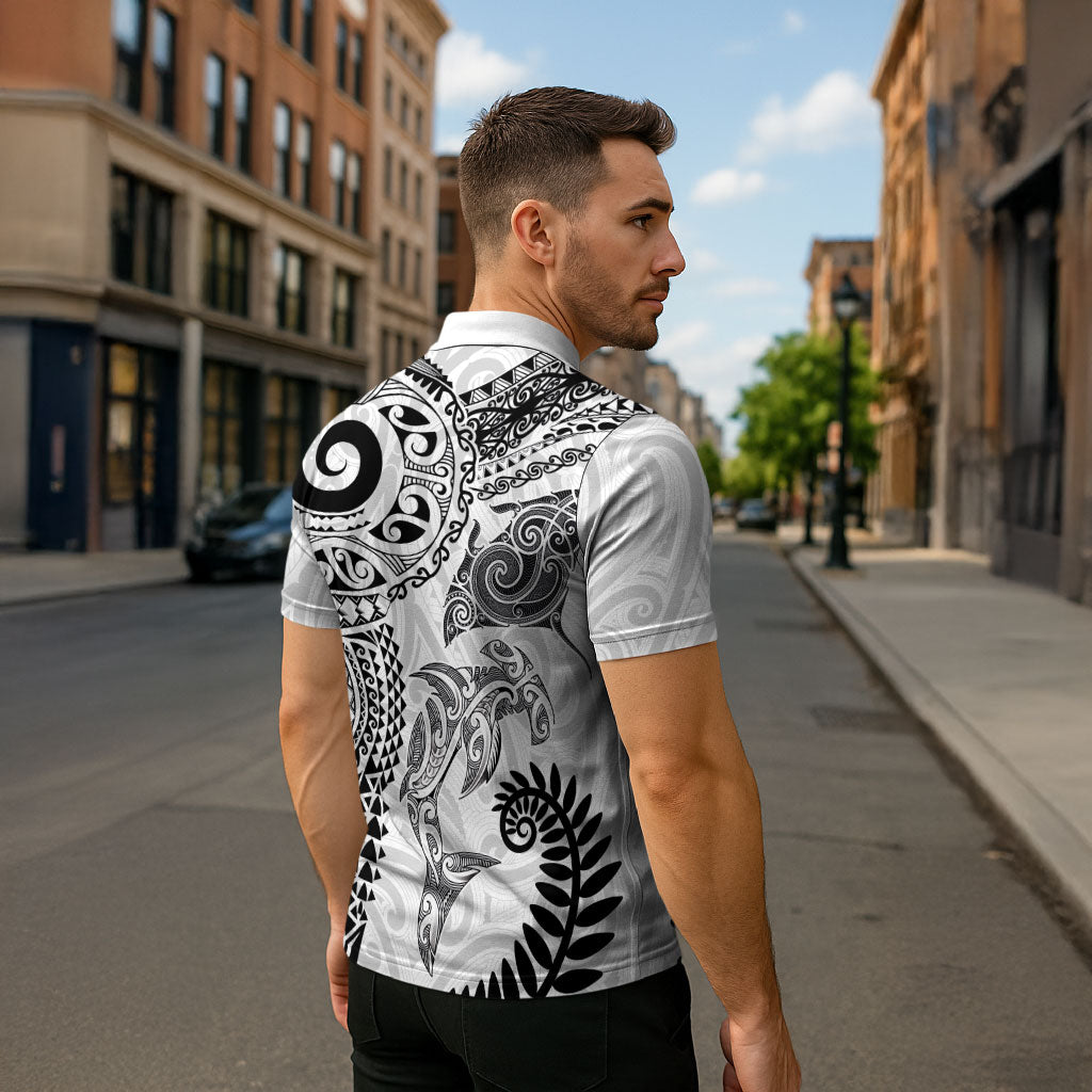 Aotearoa Maori Sea Animals Tribal Zipper Polo Shirt Manta Ray and Shark Moko Pattern White Color LT03 - Polynesian Pride