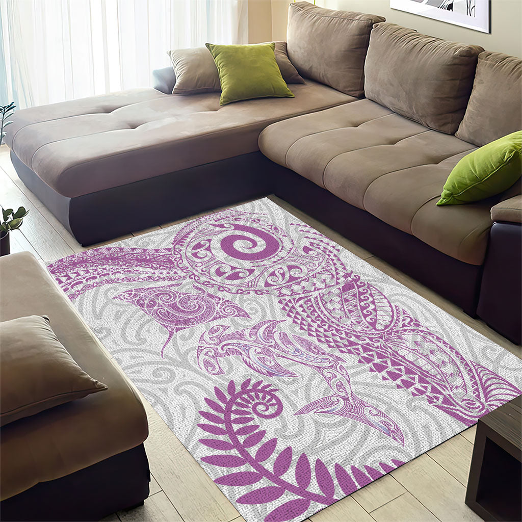 Aotearoa Maori Sea Animals Tribal Area Rug Manta Ray and Shark Moko Pattern Pink Color