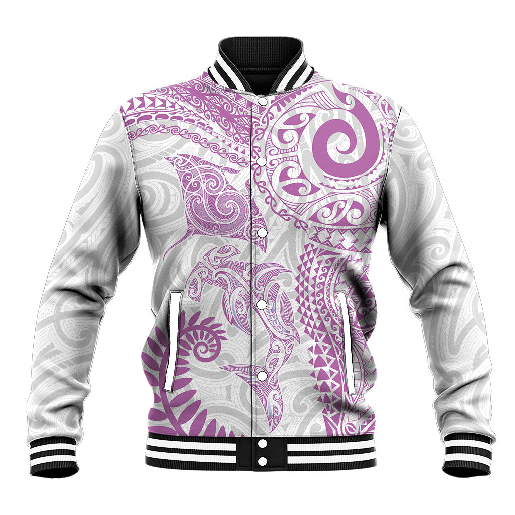 Aotearoa Maori Sea Animals Tribal Baseball Jacket Manta Ray and Shark Moko Pattern Pink Color LT03 Unisex Pink - Polynesian Pride