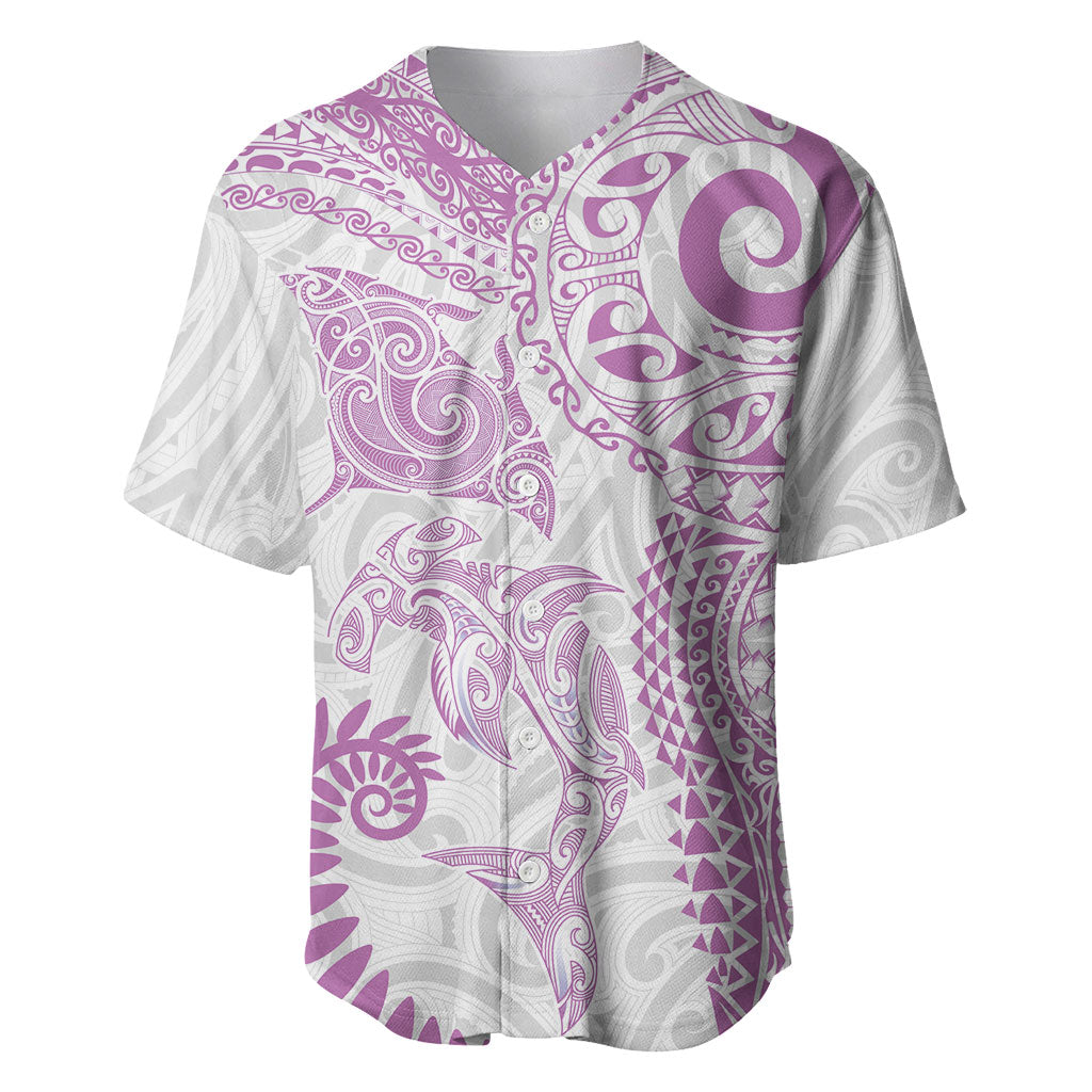 Aotearoa Maori Sea Animals Tribal Baseball Jersey Manta Ray and Shark Moko Pattern Pink Color