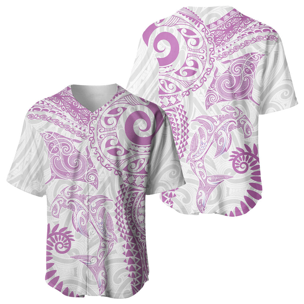 Aotearoa Maori Sea Animals Tribal Baseball Jersey Manta Ray and Shark Moko Pattern Pink Color