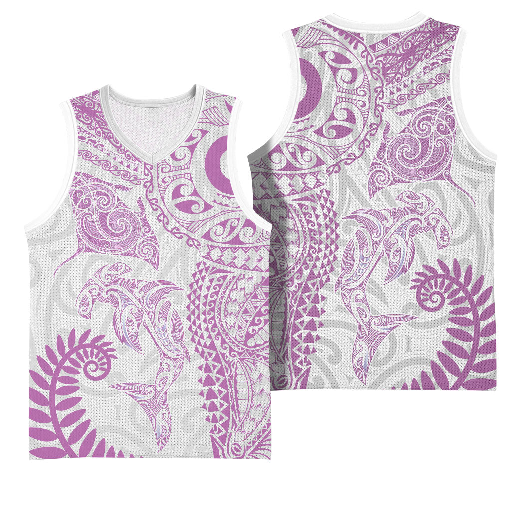 Aotearoa Maori Sea Animals Tribal Basketball Jersey Manta Ray and Shark Moko Pattern Pink Color LT03 - Polynesian Pride