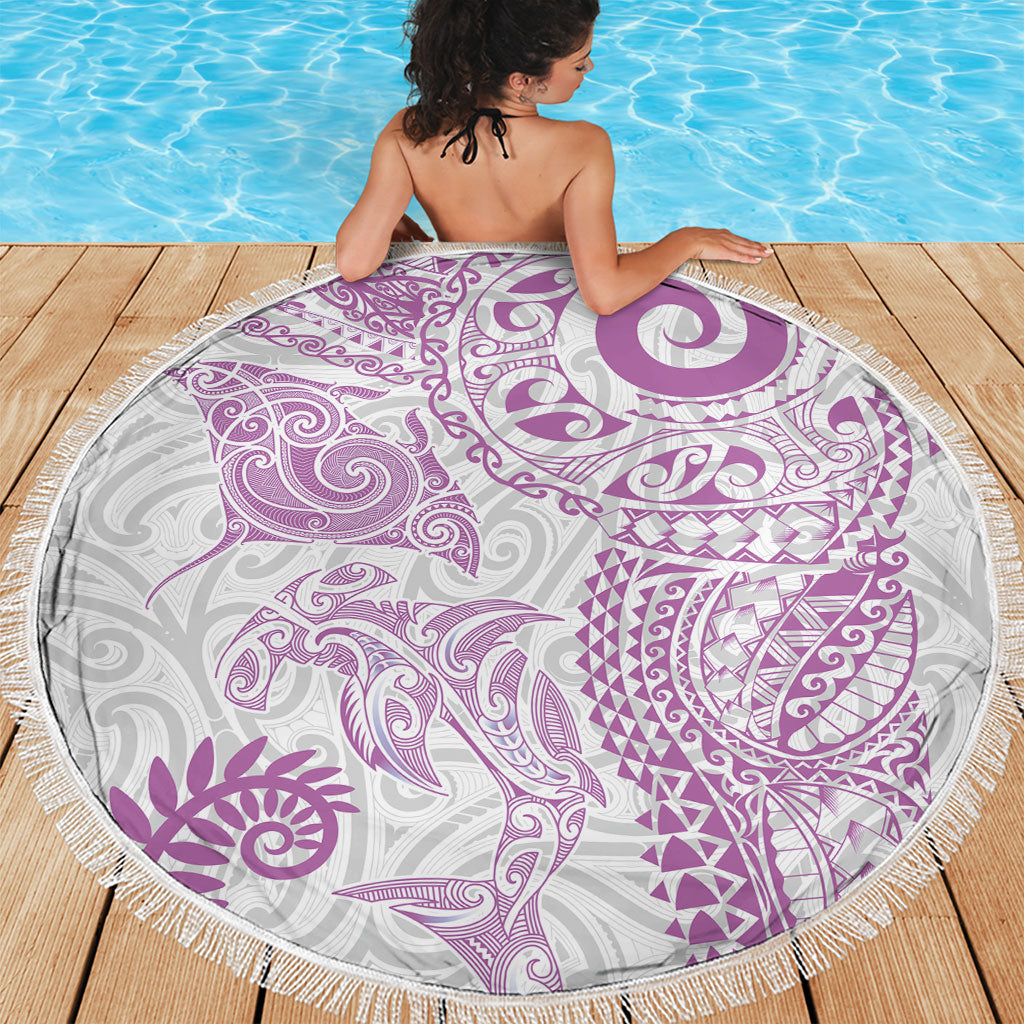 Aotearoa Maori Sea Animals Tribal Beach Blanket Manta Ray and Shark Moko Pattern Pink Color