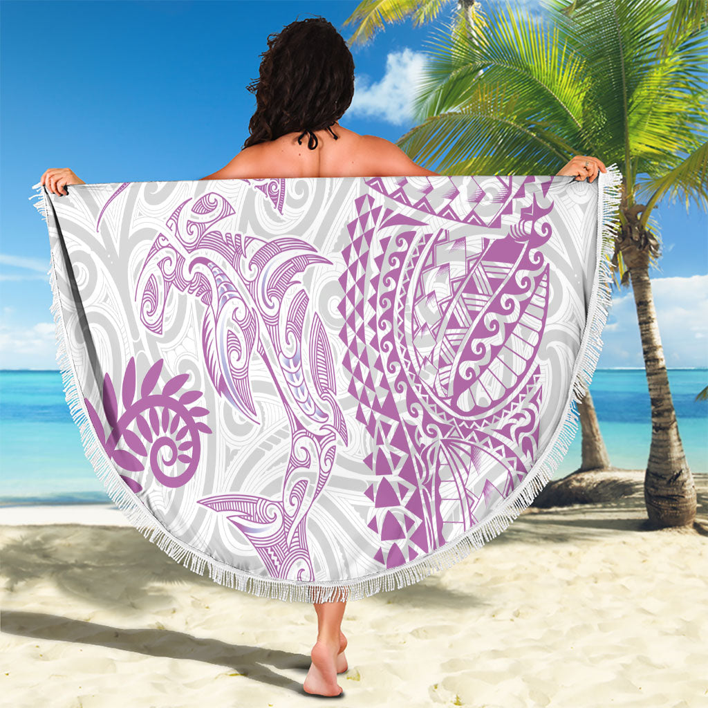Aotearoa Maori Sea Animals Tribal Beach Blanket Manta Ray and Shark Moko Pattern Pink Color