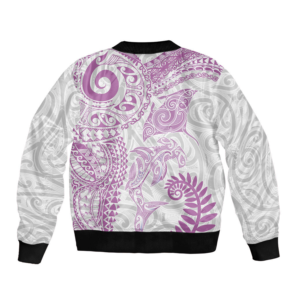 Aotearoa Maori Sea Animals Tribal Bomber Jacket Manta Ray and Shark Moko Pattern Pink Color