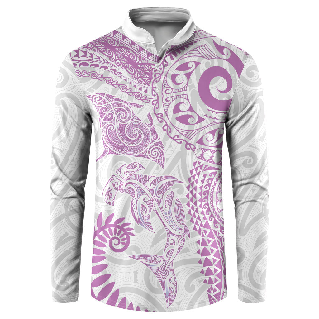 Aotearoa Maori Sea Animals Tribal Button Sweatshirt Manta Ray and Shark Moko Pattern Pink Color LT03 Pink - Polynesian Pride