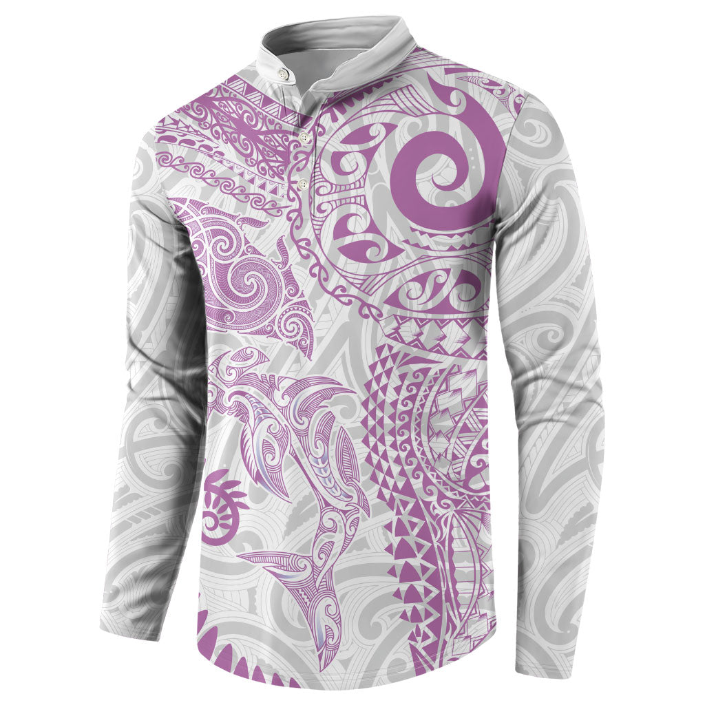Aotearoa Maori Sea Animals Tribal Button Sweatshirt Manta Ray and Shark Moko Pattern Pink Color