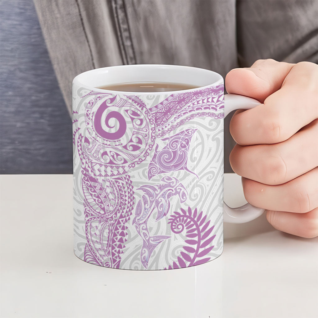 Aotearoa Maori Sea Animals Tribal Ceramic Mug Manta Ray and Shark Moko Pattern Pink Color LT03 - Polynesian Pride