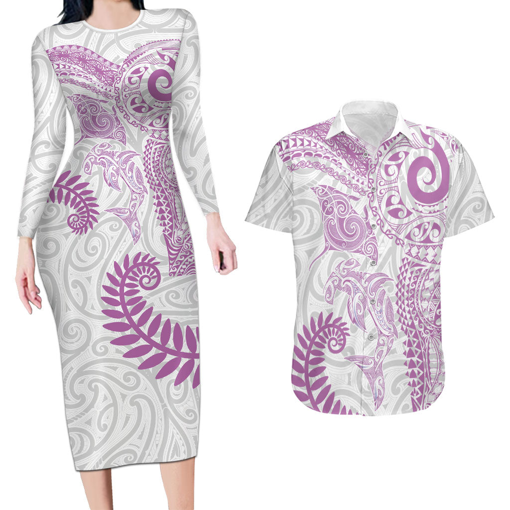 Aotearoa Maori Sea Animals Tribal Couples Matching Long Sleeve Bodycon Dress and Hawaiian Shirt Manta Ray and Shark Moko Pattern Pink Color LT03 Pink - Polynesian Pride