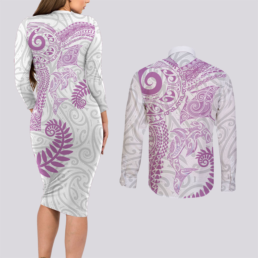 Aotearoa Maori Sea Animals Tribal Couples Matching Long Sleeve Bodycon Dress and Long Sleeve Button Shirt Manta Ray and Shark Moko Pattern Pink Color LT03 - Polynesian Pride