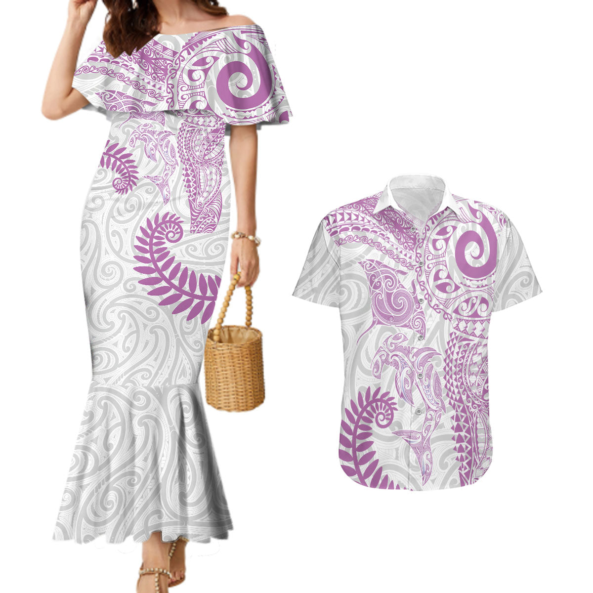 Aotearoa Maori Sea Animals Tribal Couples Matching Mermaid Dress and Hawaiian Shirt Manta Ray and Shark Moko Pattern Pink Color LT03 Pink - Polynesian Pride