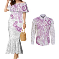 Aotearoa Maori Sea Animals Tribal Couples Matching Mermaid Dress and Long Sleeve Button Shirt Manta Ray and Shark Moko Pattern Pink Color LT03 Pink - Polynesian Pride