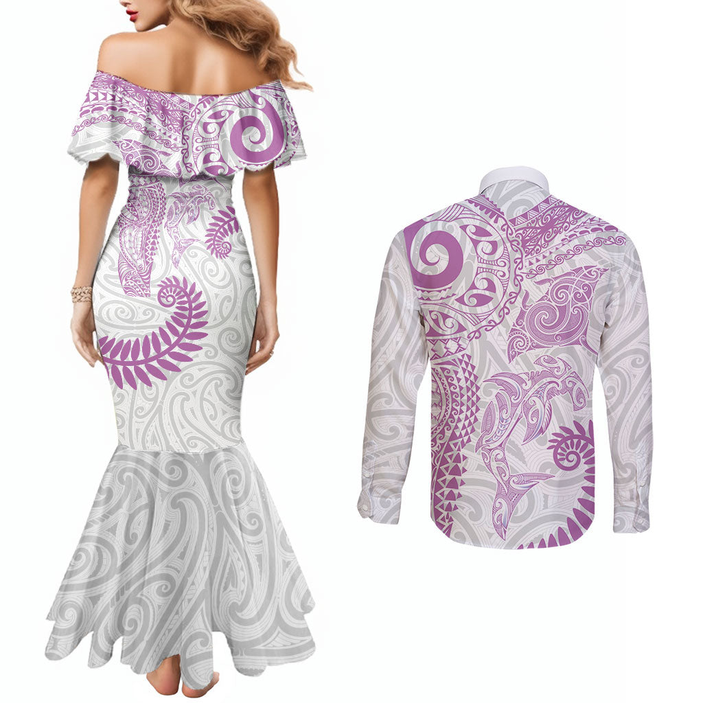 Aotearoa Maori Sea Animals Tribal Couples Matching Mermaid Dress and Long Sleeve Button Shirt Manta Ray and Shark Moko Pattern Pink Color LT03 - Polynesian Pride