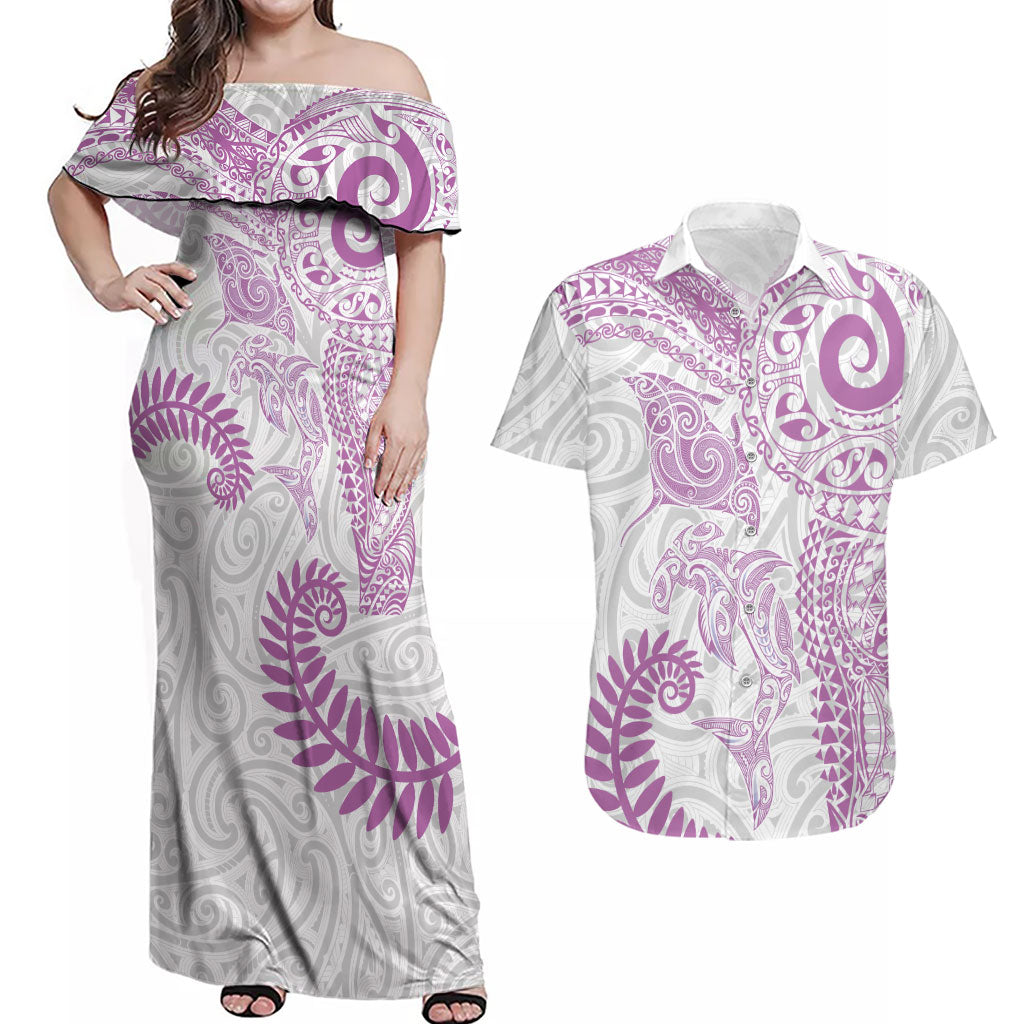 Aotearoa Maori Sea Animals Tribal Couples Matching Off Shoulder Maxi Dress and Hawaiian Shirt Manta Ray and Shark Moko Pattern Pink Color LT03 Pink - Polynesian Pride