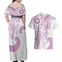 Aotearoa Maori Sea Animals Tribal Couples Matching Off Shoulder Maxi Dress and Hawaiian Shirt Manta Ray and Shark Moko Pattern Pink Color LT03 - Polynesian Pride