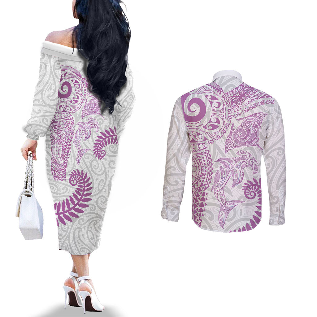 Aotearoa Maori Sea Animals Tribal Couples Matching Off The Shoulder Long Sleeve Dress and Long Sleeve Button Shirt Manta Ray and Shark Moko Pattern Pink Color LT03 - Polynesian Pride