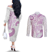 Aotearoa Maori Sea Animals Tribal Couples Matching Off The Shoulder Long Sleeve Dress and Long Sleeve Button Shirt Manta Ray and Shark Moko Pattern Pink Color LT03 - Polynesian Pride