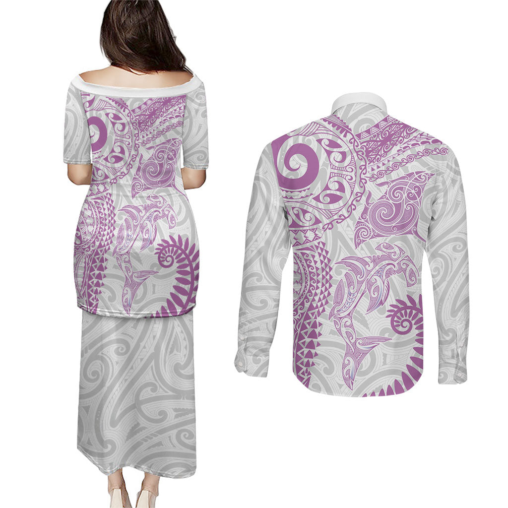 Aotearoa Maori Sea Animals Tribal Couples Matching Puletasi and Long Sleeve Button Shirt Manta Ray and Shark Moko Pattern Pink Color LT03 - Polynesian Pride