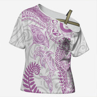 Aotearoa Maori Sea Animals Tribal Cross Shoulder Shirt Manta Ray and Shark Moko Pattern Pink Color LT03 Female Pink - Polynesian Pride