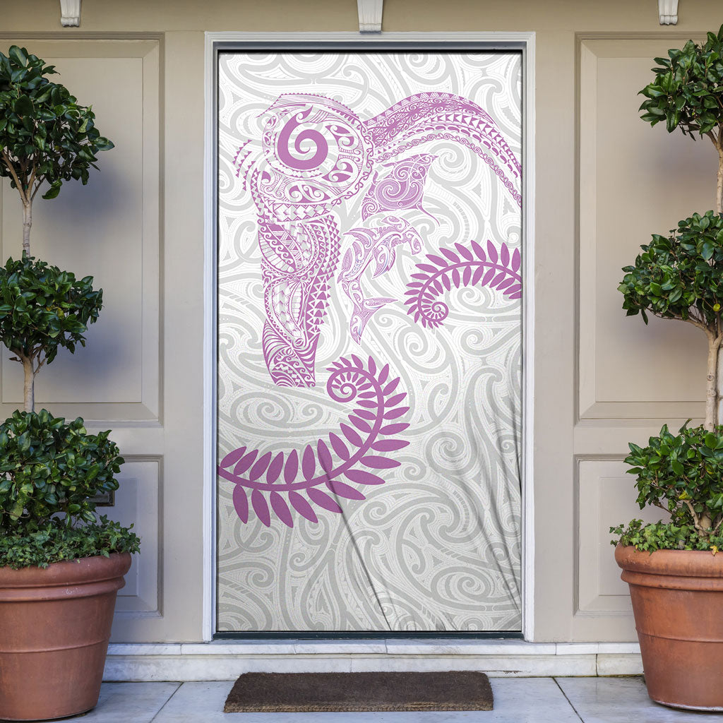 Aotearoa Maori Sea Animals Tribal Door Cover Manta Ray and Shark Moko Pattern Pink Color LT03 Pink - Polynesian Pride