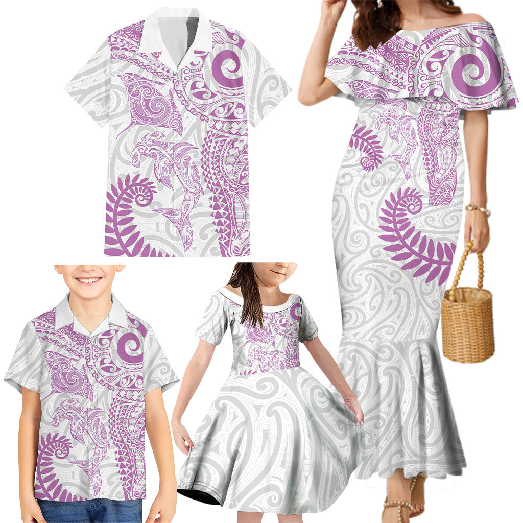 Aotearoa Maori Sea Animals Tribal Family Matching Mermaid Dress and Hawaiian Shirt Manta Ray and Shark Moko Pattern Pink Color