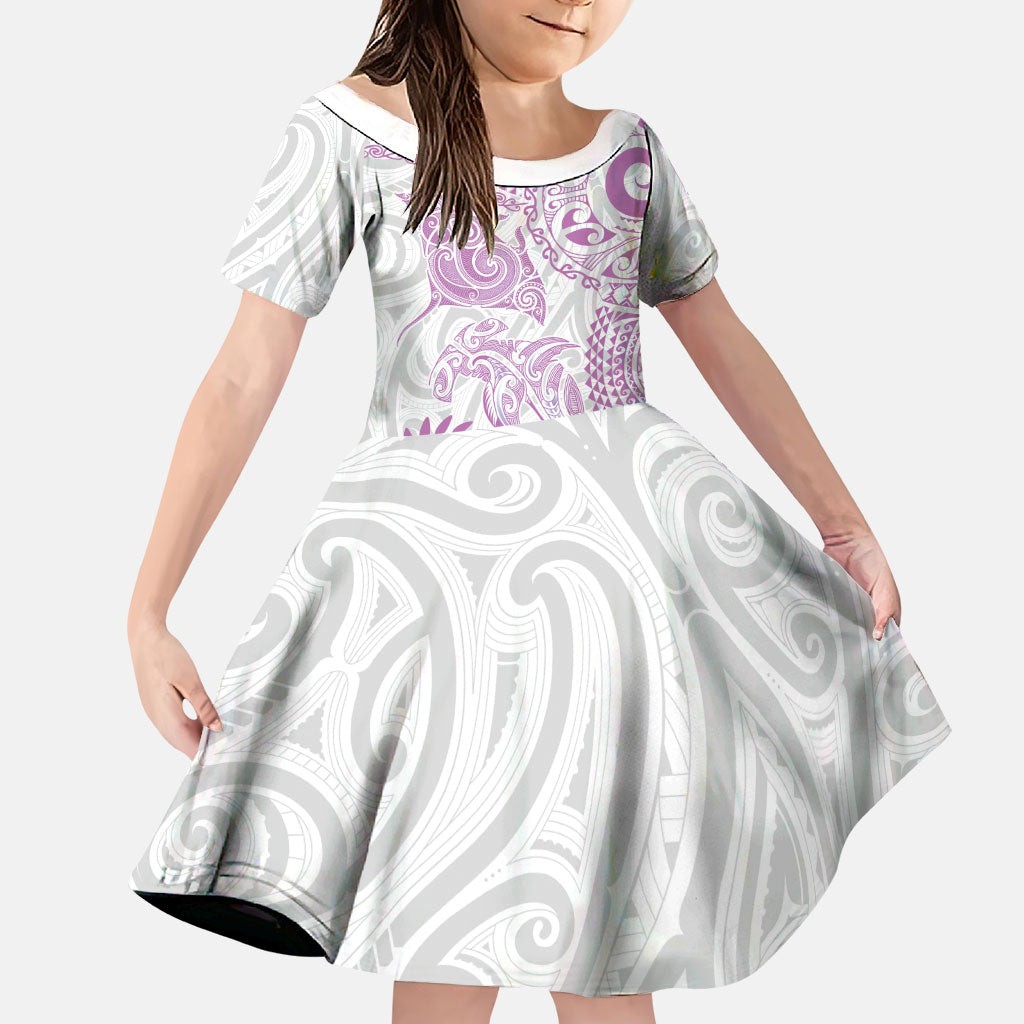 Aotearoa Maori Sea Animals Tribal Family Matching Off Shoulder Maxi Dress and Hawaiian Shirt Manta Ray and Shark Moko Pattern Pink Color LT03 Daughter's Dress Pink - Polynesian Pride