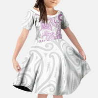 Aotearoa Maori Sea Animals Tribal Family Matching Off Shoulder Maxi Dress and Hawaiian Shirt Manta Ray and Shark Moko Pattern Pink Color LT03 Daughter's Dress Pink - Polynesian Pride