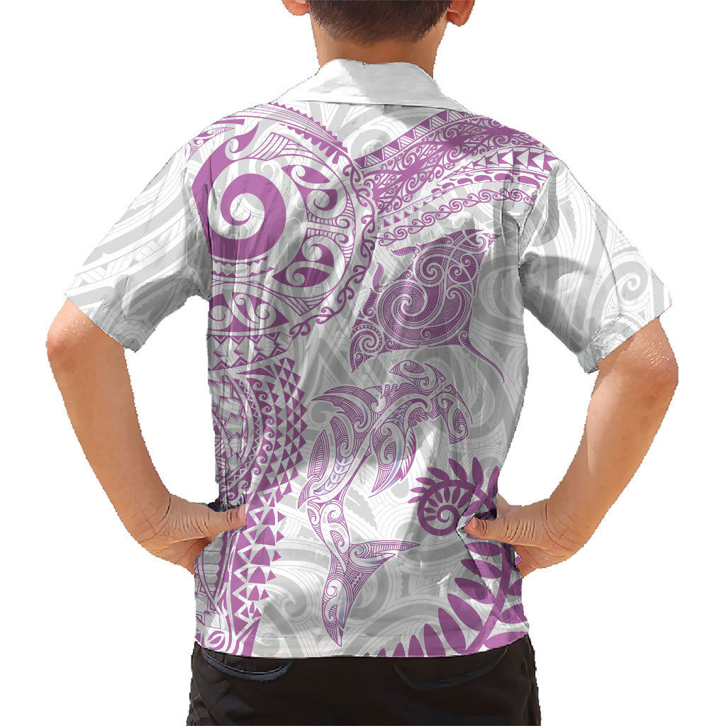 Aotearoa Maori Sea Animals Tribal Family Matching Off Shoulder Short Dress and Hawaiian Shirt Manta Ray and Shark Moko Pattern Pink Color LT03 - Polynesian Pride