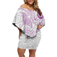 Aotearoa Maori Sea Animals Tribal Family Matching Off Shoulder Short Dress and Hawaiian Shirt Manta Ray and Shark Moko Pattern Pink Color LT03 Mom's Dress Pink - Polynesian Pride