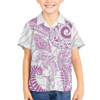 Aotearoa Maori Sea Animals Tribal Family Matching Off Shoulder Short Dress and Hawaiian Shirt Manta Ray and Shark Moko Pattern Pink Color LT03 Son's Shirt Pink - Polynesian Pride