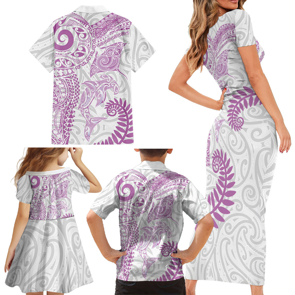 Aotearoa Maori Sea Animals Tribal Family Matching Short Sleeve Bodycon Dress and Hawaiian Shirt Manta Ray and Shark Moko Pattern Pink Color LT03 - Polynesian Pride