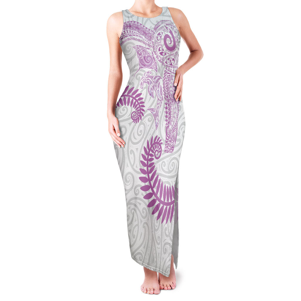 Aotearoa Maori Sea Animals Tribal Family Matching Tank Maxi Dress and Hawaiian Shirt Manta Ray and Shark Moko Pattern Pink Color LT03 Mom's Dress Pink - Polynesian Pride