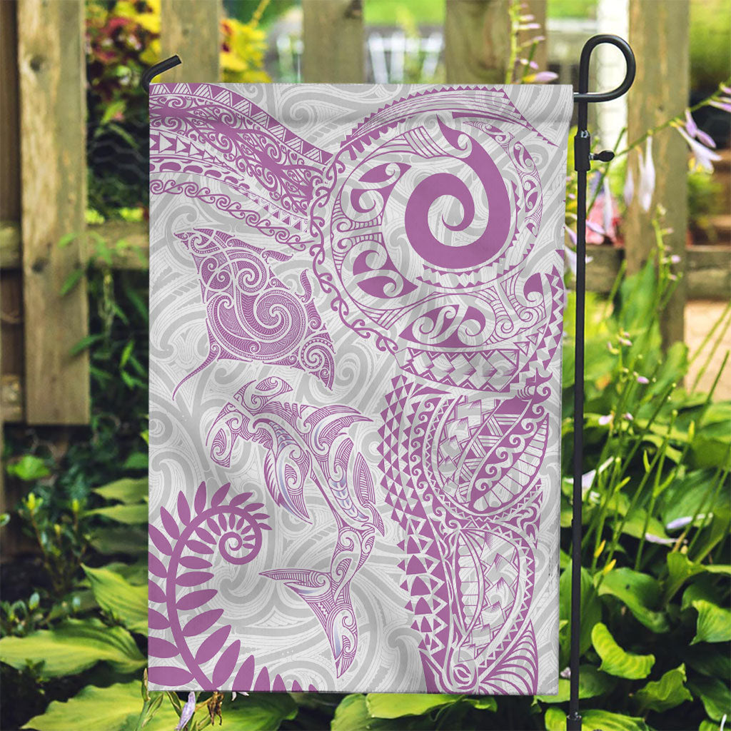 Aotearoa Maori Sea Animals Tribal Garden Flag Manta Ray and Shark Moko Pattern Pink Color LT03 Garden Flag Pink - Polynesian Pride
