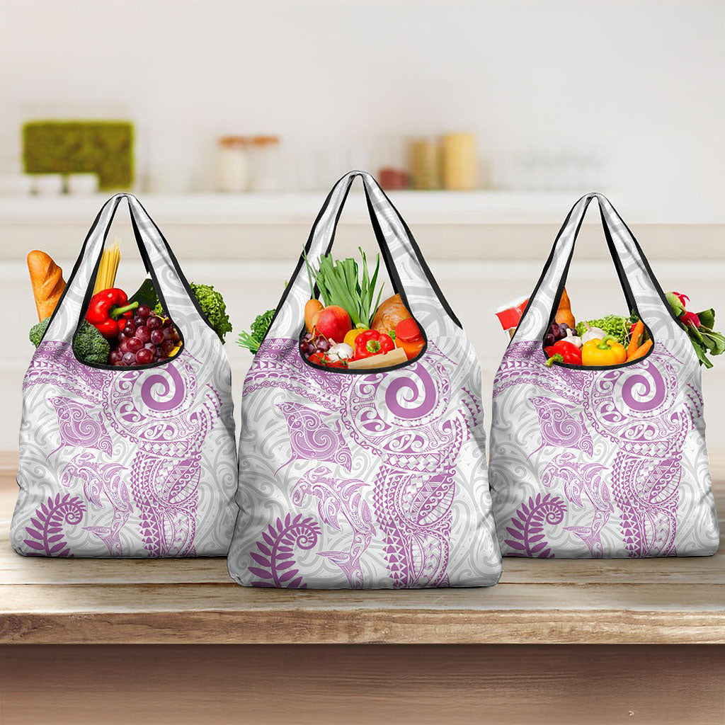 Aotearoa Maori Sea Animals Tribal Grocery Bag Manta Ray and Shark Moko Pattern Pink Color LT03 3-pack One Size Pink - Polynesian Pride