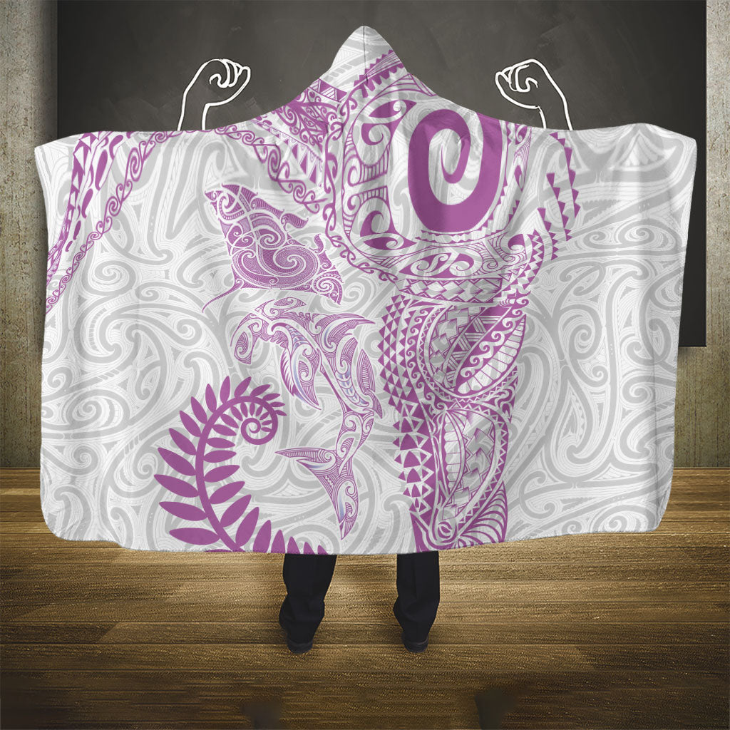 Aotearoa Maori Sea Animals Tribal Hooded Blanket Manta Ray and Shark Moko Pattern Pink Color LT03 - Polynesian Pride